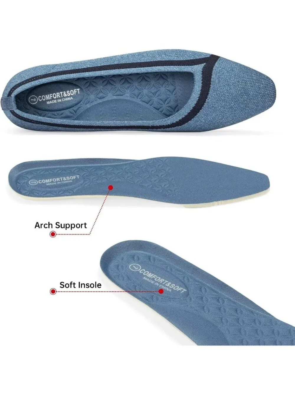 Frank Mully Women's Blue Rubber Knitted Square Toe Comfortable Slip On Flats